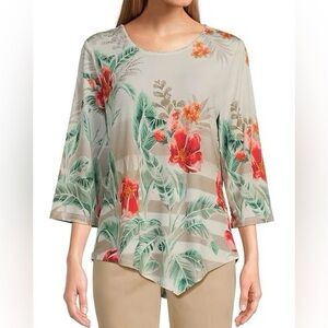 NEW Petite PXL Allison Daley Embellished 3/4 Sleeve Crewneck Tropical Top $69